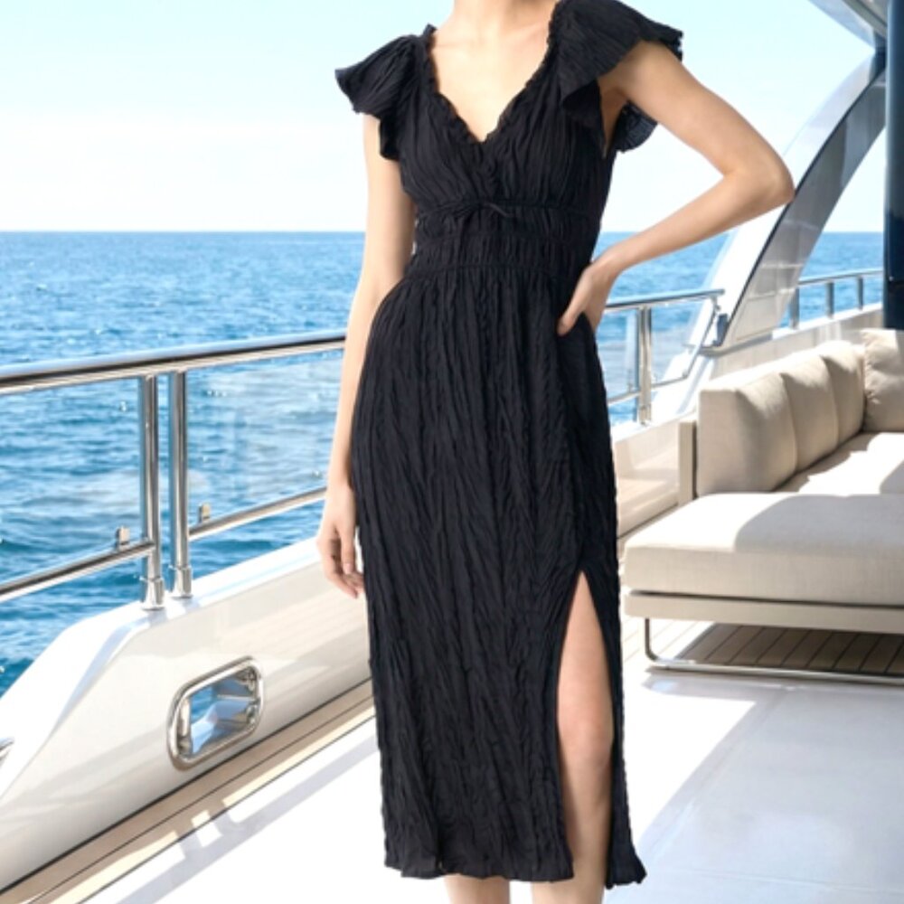 J. Crew Black Crinkled Midi Dress with Shoulder Ruffle and Side Slit NWT
